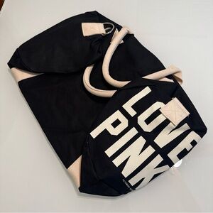 Victorias Secret Pink Black Large Canvas Shoulder Duffle Bag Rare New Vs13